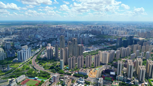 海南海口水晶天蓝天白云高视角下的城市风光航拍视频