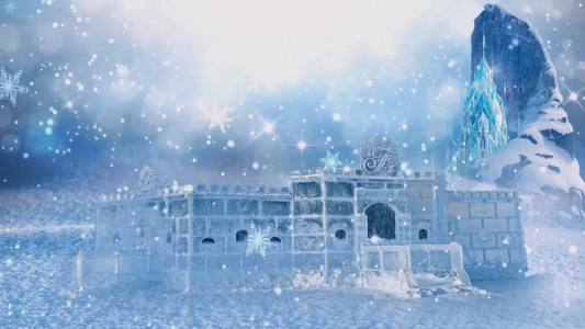 冰雪城堡世界雪花飘落背景视频