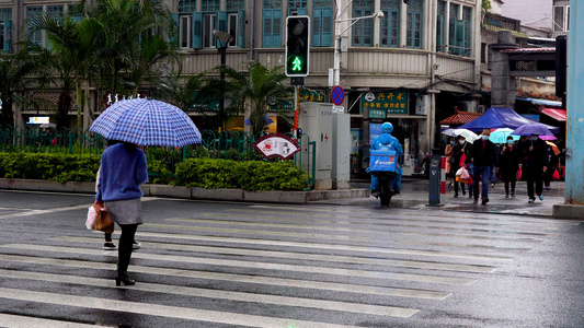 下雨天撑伞过马路的行人合集视频