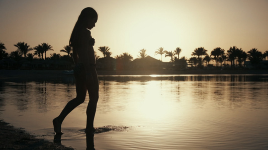 美丽的小女孩在日落海滨享受生活逆光剪影视频