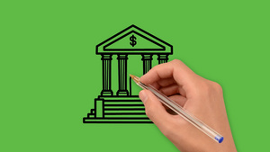 在绿色背景上绘制蓝色和黑色组合的银行美术图纸10秒视频