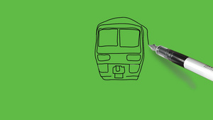 在抽象绿色背景下绘制黑色和彩色组合的客车列列车图纸10秒视频