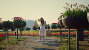 身着白色裙子的不知名苗条女性在户外美丽的公园里享受夏日15秒视频