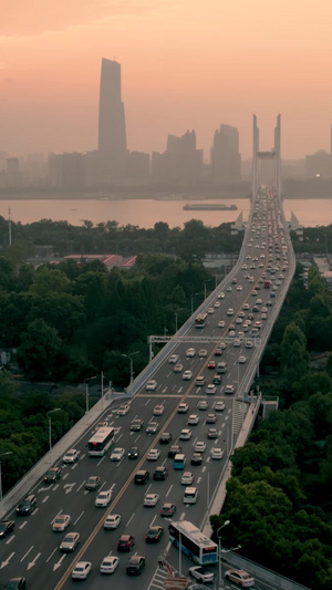5K航拍日落时刻的武汉长江二桥交通和城市风光天际线38秒视频