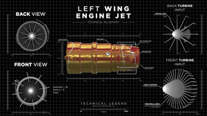 显示左翼喷气发动机的右侧带有黑色铁丝框背景上的蓝图18秒视频