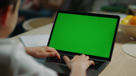 男孩在浏览绿色屏幕笔记本电脑视频