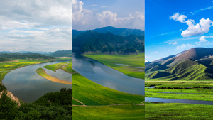 美丽草原山水河流风光的夏季风景9秒视频