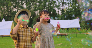 两个小孩在草地上吹泡泡8秒视频