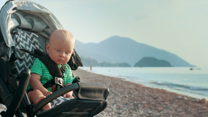 宝宝坐在婴儿车里看着镜头12秒视频