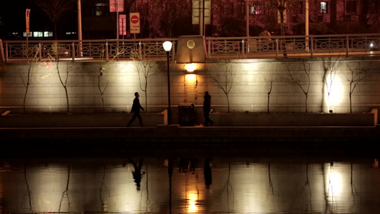 城市交通河流车流行人夜景视频