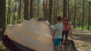 两个男孩帮助两个妈妈在森林里搭起帐篷供当地家庭露营26秒视频