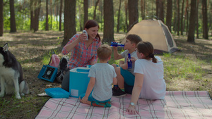 两个妈妈和两个儿子在夏季家庭野营15秒视频