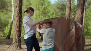 两个男孩帮助两个妈妈在森林里搭起帐篷供当地家庭露营15秒视频