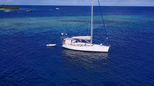 棕榈附近海藻湖和白沙滩背景的松绿环礁泻湖和白沙底视频