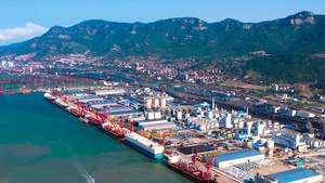 4K航拍连云港海边港口物流中心化工厂粮油工业生产24秒视频