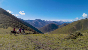 蓝天下的高山草甸和骑马登山的马队人群48秒视频