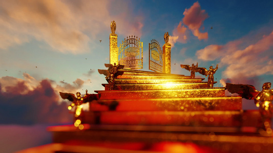 天堂大门的金色楼梯向魔法日落和飞鸽开通视频