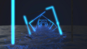明亮的霓虹灯框架在水中闪烁着霓虹光谱烟雾缭绕的背景15秒视频