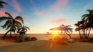 日落时沙滩上的椅子和雨伞24秒视频