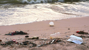 海边日落海滩上有塑料和废物海浪将它们吹入海中12秒视频