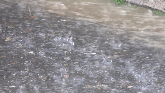 暴雨期间沥青路上的雨水泛滥路面下着雨滴视频