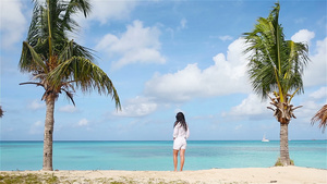 在热带海岸的年轻美女快乐的女孩在蓝天和海中绿石水的24秒视频