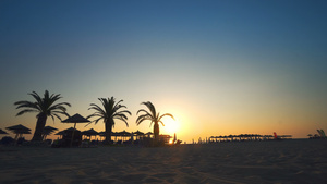 戴着帽子的女人在沙滩上行走在热带海滩用棕榈树看日落25秒视频