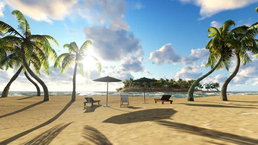美丽的海滩上的太阳椅和雨伞视频