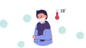 一个有温度计显示热温的生病男孩以平板卡通风格动画15秒视频