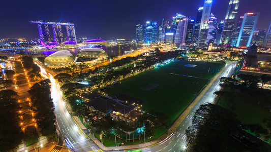 美丽的鸟瞰新加坡夜景4k时间流逝缩小视频