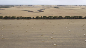 区域澳洲的一个农场上滚干草篮的空中录像28秒视频