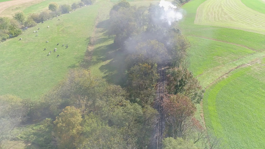 古董恢复蒸汽机的空中风景它飘扬着长满烟雾和蒸汽的树视频