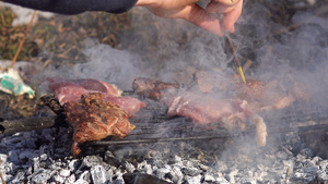 在烧烤中燃烧火焰因为煤炭准备在午餐时间烤一串肉做烤烤19秒视频