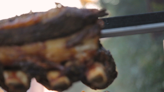 烤烤炉烧烤时煮的肉视频