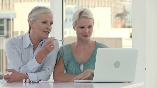 两名女商人在办公室使用笔记本电脑视频