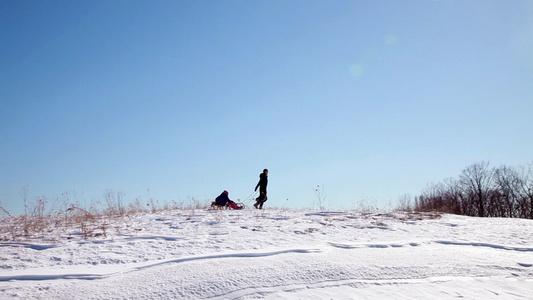 母亲带着两个孩子在雪地里拉着雪橇视频