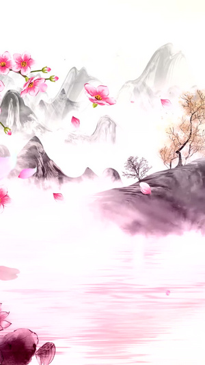 中国风水墨山水花瓣飘落背景视频古风背景20秒视频