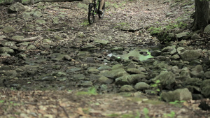 骑自行车穿过森林的男性骑自行车者9秒视频