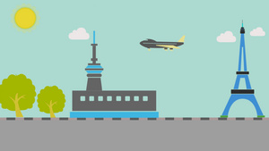 天空云朵树木机场飞机埃菲尔铁塔卡通场景18秒视频