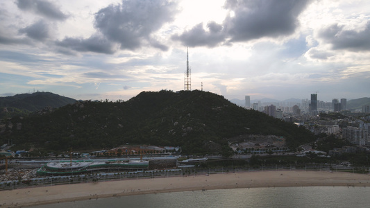 航拍风光城市广东珠海日落天空海景沙滩4k素材视频