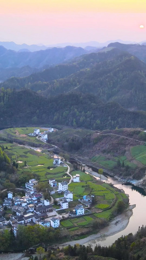 航拍黄山歙县石潭村山区日落延时天际线30秒视频