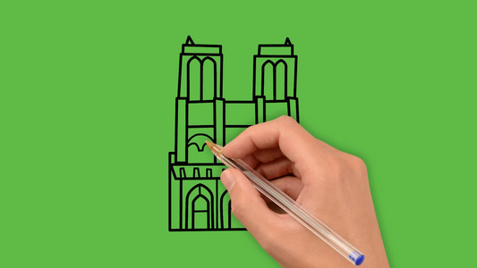 绘画寺庙建筑艺术在绿色背景上结合白色和黑色组合视频