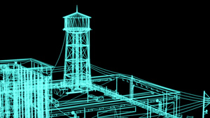 3d工业建筑的电线框架模型18秒视频