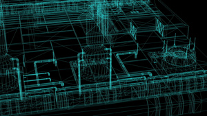 3d工业建筑的电线框架模型17秒视频