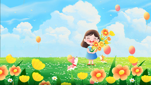 六一儿童节女孩草坪花朵欢乐玩耍插画背景40秒视频