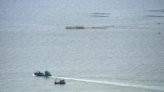 一艘渔船在海上航行以寻找鱼和海鲜养殖牡蛎农场视频