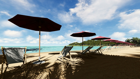 阳光明媚的一天沙滩上的椅子和雨伞视频
