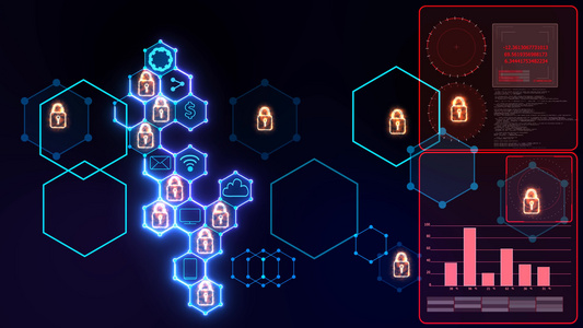 具有集成六边形的未来数字强大锁定抽象网络安全连接系统视频