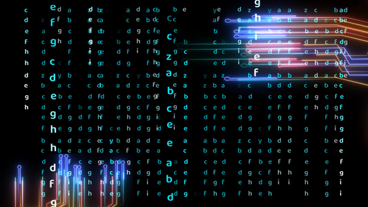 电路线高速传输大数据和字母矩阵背景的未来强大视频
