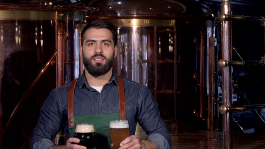 专业酿酒师笑得开心在他的酿酒厂举着两杯啤酒杯视频